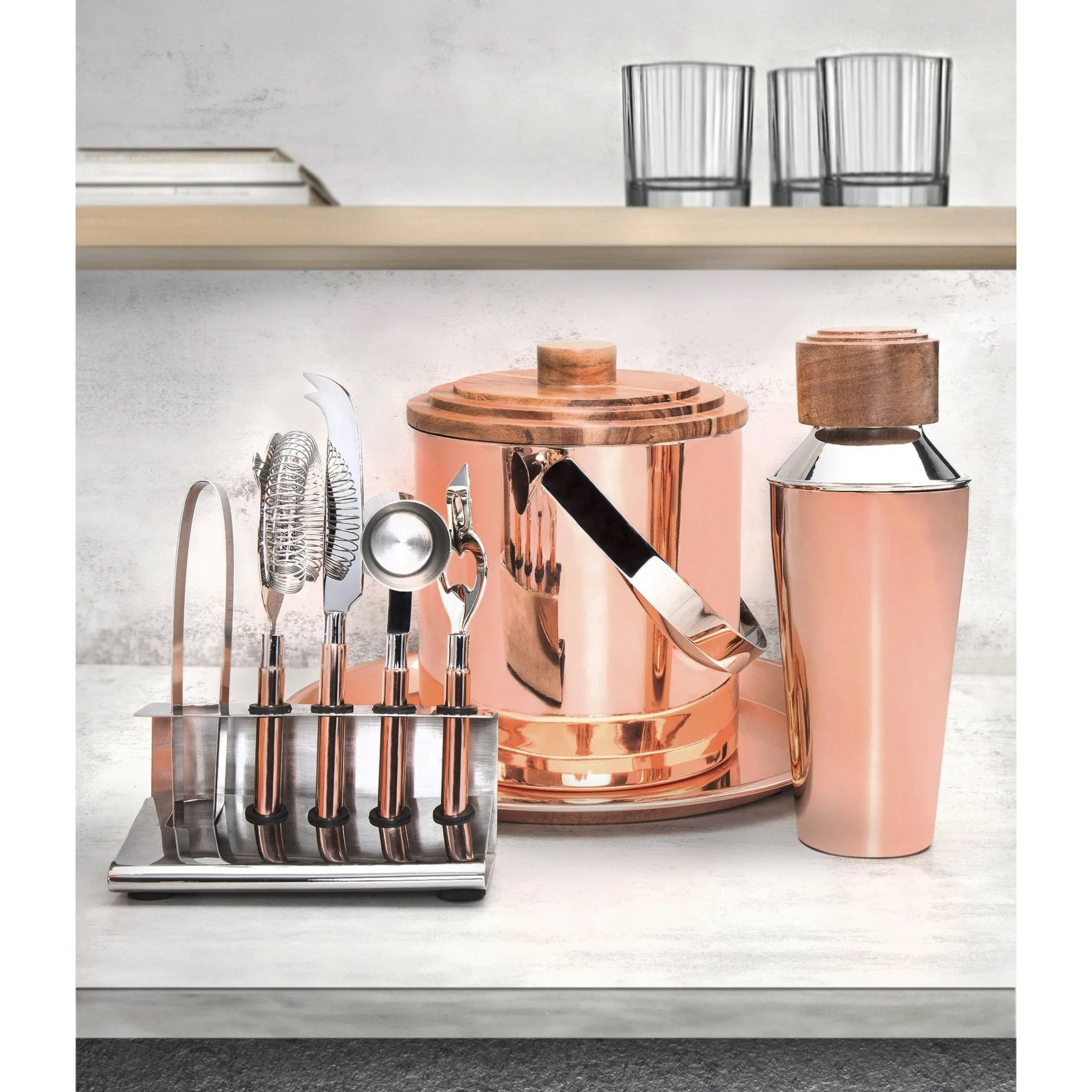 Acacia Wood & Copper 9 Piece Bar Tool Set