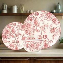 Banbury Crimson Porcelain 12 Piece Dinnerware Set, Service For 4