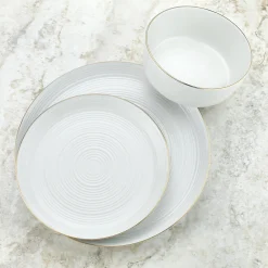 Linear Porcelain Gold Rim 12 Piece Dinnerware Set, Service For 4