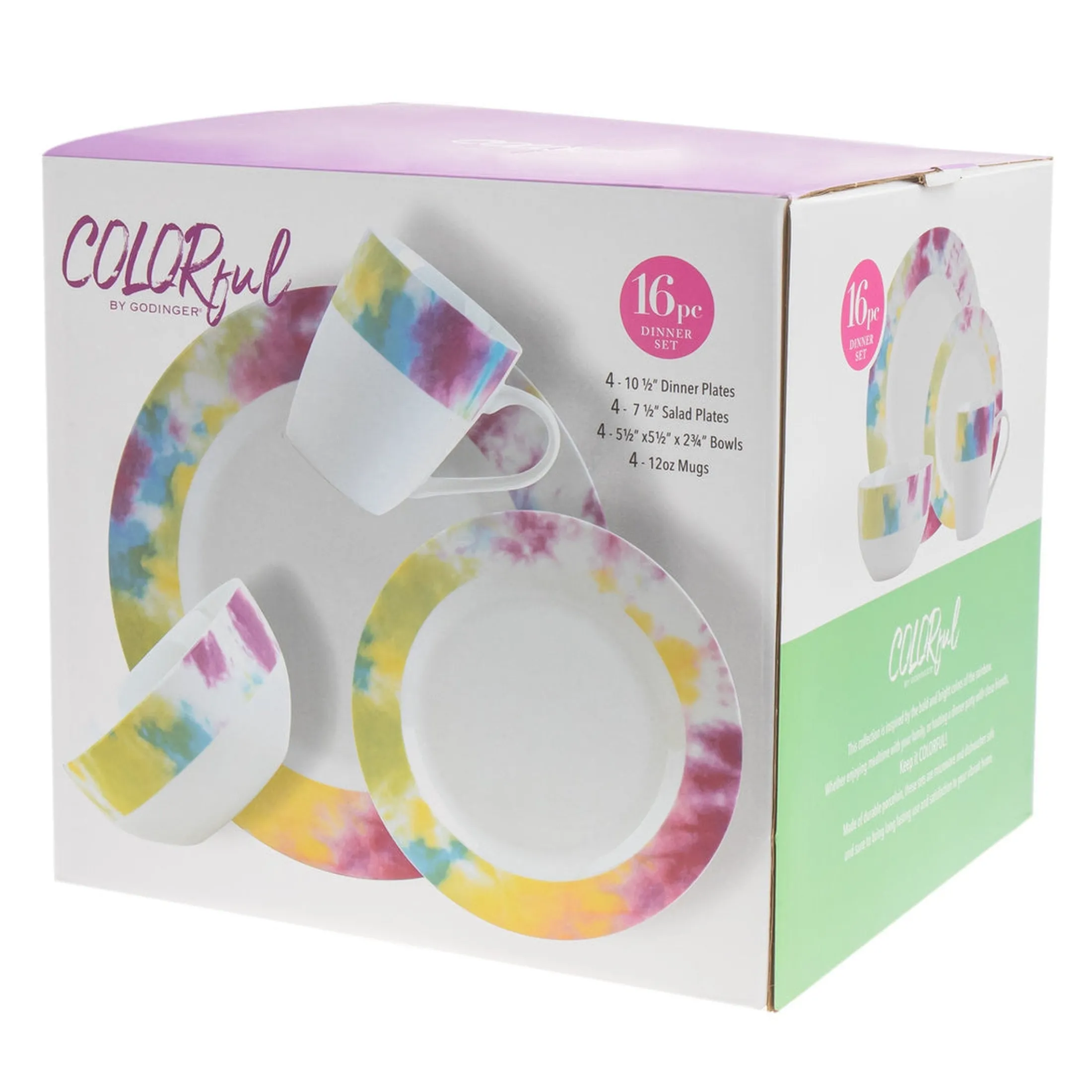 Tie Dye Multicolor Porcelain 16 Piece Dinnerware Set, Service For 4